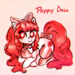 Size: 500x500 | Tagged: safe, artist:bunchi, oc, oc:poppy doll, earth pony, pony, big eyes, bow, bowtie, clothes, cute, female, latex, latex socks, long hair, long mane, looking at you, red eyes, red hair, shiny, socks, solo, stockings, thigh highs