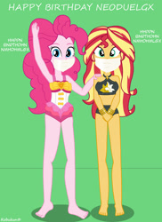 Size: 1920x2641 | Tagged: safe, artist:robukun, pinkie pie, sunset shimmer, equestria girls, g4, beach shorts swimsuit, clothes, duo, duo female, female, gag, mask, microfoam tape, muffled words, one-piece swimsuit, pinkie pie swimsuit, sunset shimmer's beach shorts swimsuit, swimsuit, tape, tape gag