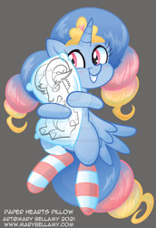 Size: 800x1162 | Tagged: safe, artist:marybellamy, oc, oc only, oc:paper hearts, alicorn, pony, alicorn oc, blushing, clothes, colored, cuddling, deviantart watermark, happy, horn, hug, obtrusive watermark, pillow, smiling, socks, solo, spread wings, striped socks, watermark, wings