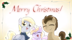 Size: 1920x1080 | Tagged: safe, artist:alfa995, derpy hooves, dinky hooves, doctor whooves, time turner, earth pony, pegasus, pony, unicorn, g4, 2012, christmas, clothes, cute, eyes closed, female, filly, holiday, holly, male, mare, merry christmas, open mouth, scarf, shipping, stallion, trio