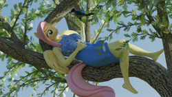 Size: 2560x1440 | Tagged: safe, artist:arcanetesla, fluttershy, oc, bird, pegasus, anthro, g4, 3d, blender, commission, commissioner:nerothewizard, feet, solo, tree, tree branch