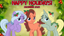 Size: 2064x1163 | Tagged: safe, artist:not-yet-a-brony, artist:sonofaskywalker, dear darling, fond feather, swoon song, earth pony, pegasus, pony, unicorn, g4, 2021, bimbettes, christmas, christmas eve, female, flower, flower in hair, happy holidays, hearth's warming, hearth's warming eve, holiday, holly, lidded eyes, lyrics in the description, mare, mister sandman, new year, new years eve, singing, song reference, trio, youtube link in the description