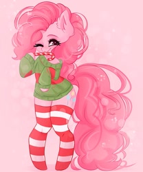 Size: 667x800 | Tagged: safe, artist:valeria_fills, pinkie pie, earth pony, semi-anthro, g4, adorasexy, arm hooves, candy, candy cane, christmas sweater, clothes, cute, diapinkes, ear fluff, female, food, hoof hold, licking, mare, one eye closed, sexy, socks, solo, stockings, striped socks, sweater, thigh highs, tongue out, wink