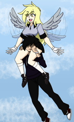 Size: 1444x2369 | Tagged: safe, artist:_mssj9, derpibooru exclusive, derpy hooves, human, g4, black hair, blonde, blonde hair, clothes, cloud, converse, eye clipping through hair, eyelashes, flying, gloves, humanized, open mouth, open smile, pegasus wings, pleated skirt, shoes, skirt, sky, smiling, socks, winged humanization, wings