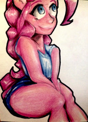 Size: 1939x2694 | Tagged: safe, artist:nolyanimeid, pinkie pie, earth pony, anthro, g4, clothes, human facial structure, shorts, smiling, solo, traditional art