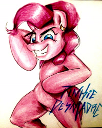 Size: 2185x2745 | Tagged: safe, artist:nolyanimeid, pinkie pie, earth pony, pony, g4, arm hooves, bipedal, female, grin, high res, mare, smiling, solo, traditional art