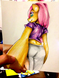 Size: 2121x2828 | Tagged: safe, artist:nolyanimeid, fluttershy, human, anthro, g4, ass, butt, female, hand, high res, irl, irl human, looking at you, looking back, looking back at you, photo, solo, traditional art, wingless, wingless anthro