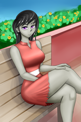 Size: 1400x2100 | Tagged: safe, artist:zachc, octavia melody, equestria girls, g4, bench, breasts, busty octavia melody, clothes, dress, female, looking at you, sitting, solo