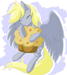 Size: 1600x1800 | Tagged: safe, artist:maravor, derpy hooves, pegasus, pony, g4, :p, eyes closed, female, food, giant muffin, hug, mare, muffin, outline, solo, tongue out, white outline