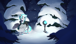 Size: 2900x1700 | Tagged: safe, artist:joan-grace, oc, oc only, pegasus, pony, forest, snow, snowfall, solo, tree