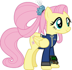 Size: 3062x3000 | Tagged: safe, artist:php170, fluttershy, pegasus, pony, fallout equestria, g4, the last problem, clothes, fallout, fallout 76, female, flower, flower in hair, high res, jumpsuit, mare, older, older fluttershy, pip-boy 2000 mark vi, pipboy, smiling, smiling at you, solo, transparent background, vault suit, vector