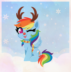 Size: 3523x3571 | Tagged: safe, artist:confetticakez, rainbow dash, pegasus, pony, g4, animal costume, antlers, backwards cutie mark, bell, bell collar, christmas, collar, colored pupils, costume, cute, dashabetes, harness, heart eyes, high res, holiday, jingle bells, looking at you, one eye closed, open mouth, open smile, reindeer antlers, reindeer costume, reindeer dash, sitting, sleigh bells, smiling, snow, snowfall, snowflake, solo, tack, wingding eyes, wink, winking at you, winter