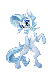 Size: 935x1323 | Tagged: safe, artist:calena, derpibooru exclusive, oc, oc only, oc:frosty sharp, pony, unicorn, 2022 community collab, derpibooru community collaboration, belly button, bipedal, chest fluff, cute, fluffy, grin, looking at you, not rarity, rearing, simple background, smiling, solo, standing on two hooves, style emulation, transparent background