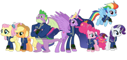 Size: 6264x3008 | Tagged: safe, artist:php170, applejack, fluttershy, pinkie pie, rainbow dash, rarity, spike, twilight sparkle, alicorn, dragon, earth pony, pegasus, pony, unicorn, fallout equestria, g4, the last problem, absurd resolution, applejack's hat, bags under eyes, candy, clothes, cowboy hat, crown, eyeshadow, fallout, fallout 76, flower, flower in hair, food, future, gigachad spike, granny smith's shawl, grey hair, group, hat, jewelry, jumpsuit, lollipop, looking at you, makeup, mane seven, mane six, older, older applejack, older fluttershy, older mane seven, older mane six, older pinkie pie, older rainbow dash, older rarity, older spike, older twilight, older twilight sparkle (alicorn), pip-boy 2000 mark vi, plushie, princess twilight 2.0, regalia, rubber duck, simple background, skunk stripe, smiling, smiling at you, teddy bear, teeth, transparent background, twilight sparkle (alicorn), vault suit, vector, winged spike, wings