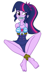 Size: 1219x2060 | Tagged: safe, artist:splendidbondage, sci-twi, twilight sparkle, equestria girls, ankle tied, arm behind back, barefoot, bondage, bound and gagged, clothes, feet, female, gag, one-piece swimsuit, rope, rope bondage, sci-twi swimsuit, simple background, solo, swimsuit, tape, tape gag, transparent background