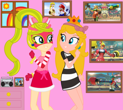 Size: 1983x1778 | Tagged: safe, artist:sarahalen, artist:user15432, human, equestria girls, g4, i'm on a yacht, spoiler:eqg series (season 2), arms (video game), barely eqg related, base used, black dress, bow, clothes, crossover, crown, dancing, dress, ear piercing, earring, equestria girls style, equestria girls-ified, f.l.u.d.d., hair bow, jewelry, looking at each other, looking at someone, male, mario, mask, min min, picture frame, piercing, pink dress, princess peach, radio, rainbow, regalia, ribbon girl, spring man (arms), sun, super mario bros., super mario sunshine, super smash bros., toadsworth, window