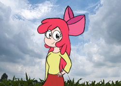 Size: 1150x817 | Tagged: safe, artist:myatoons, apple bloom, human, g4, humanized, real life background, solo