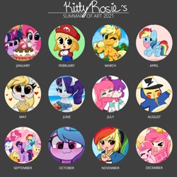 Size: 1080x1080 | Tagged: safe, artist:kittyrosie, applejack, derpy hooves, fluttershy, izzy moonbow, pinkie pie, rainbow dash, rarity, twilight sparkle, oc, oc:rosa flame, alicorn, dog, earth pony, human, pegasus, pikachu, pony, unicorn, g5, :3, >.<, abstract background, animal crossing, apple, apple tree, backwards cutie mark, beach, blushing, cake, cap, chibi, clothes, cloud, confetti, cookie, cookie jar, cosplay, costume, cute, daaaaaaaaaaaw, dashabetes, derpabetes, diapinkes, digital art, duo, eyes closed, female, floating heart, flying, food, frown, gray background, hair over one eye, happy birthday, hat, heart, heart shaped, horn, isabelle, izzybetes, jackabetes, jacket, kittyrosie is trying to murder us, looking at you, magic, mane six, mare, mario, mario's hat, mouth hold, muffin, multicolored hair, multicolored tail, ocbetes, one eye closed, open mouth, open smile, owo, party hat, piña colada (drink), plate, pokémon, raised hoof, raribetes, rearing, redraw, sand, self paradox, self ponidox, shyabetes, simple background, smiling, solo, sticker, sugarcube corner, summary, sunglasses, super mario bros., swimsuit, tail, text, tree, twiabetes, twilight sparkle (alicorn), unicorn oc, uwu, wall of tags, water, weapons-grade cute, wings, wink, xd, xoxo