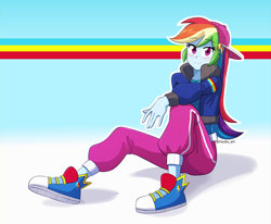 Size: 1090x900 | Tagged: safe, artist:riouku, rainbow dash, dance magic, equestria girls, equestria girls specials, g4, get the show on the road, my little pony equestria girls: summertime shorts, ass, backwards ballcap, baseball cap, butt, cap, clothes, commission, female, hat, pants, rapper dash, shoes, solo, speedpaint available