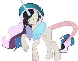 Size: 6128x4817 | Tagged: safe, artist:shootingstarsentry, oc, oc:mysterilestia, hybrid, absurd resolution, base used, eyes closed, female, interspecies offspring, offspring, parent:discord, parent:princess celestia, parents:dislestia, simple background, solo, transparent background