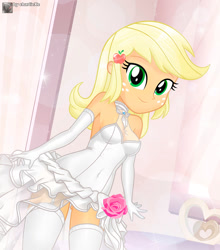Size: 812x923 | Tagged: safe, artist:charliexe, applejack, human, equestria girls, alternate hairstyle, bare shoulders, beautiful, bride, clothes, cute, dress, evening gloves, female, freckles, garter, gloves, jackabetes, long gloves, looking at you, marriage, sleeveless, smiling, smiling at you, solo, stockings, thigh highs, wedding, wedding dress