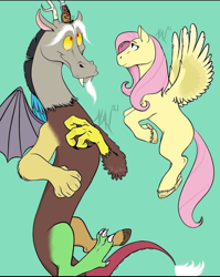 Size: 720x905 | Tagged: safe, artist:nat_cast_art, discord, fluttershy, butterfly, draconequus, pegasus, pony, g4, 2021, claws, duo, green background, missing cutie mark, signature, simple background, smiling, spanish description