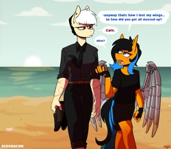 Size: 1204x1049 | Tagged: safe, artist:redxbacon, oc, oc only, oc:note clip, pegasus, anthro, artificial wings, augmented, beach, clothes, fingerless gloves, gloves, holding shoes, mechanical wing, necktie, ocean, pants, scar, shirt, shoes, shorts, wings