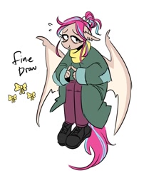 Size: 682x846 | Tagged: safe, artist:redxbacon, oc, oc only, oc:fine draw, bat pony, anthro, bat pony oc, clothes, coat, cutie mark, patch, shoes, solo