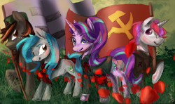 Size: 1238x733 | Tagged: safe, artist:elisdoominika, starlight glimmer, oc, oc:fahu, oc:legion, oc:sweet elis, earth pony, pony, unicorn, g4, bow, clothes, earth pony oc, equal cutie mark, equality, flag, grass, hammer and sickle, looking at each other, not blood, raised hoof, ribbon, rose petals, shirt, smiling, smiling at each other