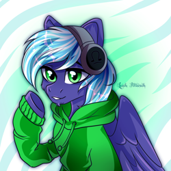 Size: 1920x1920 | Tagged: safe, artist:stesha, oc, oc only, oc:moonlight drop, pegasus, pony, clothes, headphones, looking at you, male, pegasus oc, raised hoof, solo, stallion, sweater, wings