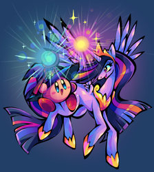 Size: 4000x4457 | Tagged: safe, artist:cilvia, twilight sparkle, alicorn, pony, puffball, g4, crossover, crown, hat, jewelry, kirby, kirby (series), magic, older, older twilight, regalia, staff, twilight sparkle (alicorn), wings, wizard hat