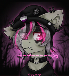 Size: 2000x2200 | Tagged: safe, artist:etoz, oc, oc only, oc:gravel shine, bat pony, pony, asexual, asexual pride flag, bat pony oc, choker, clothes, collar, commission, ear piercing, earring, emo, eyebrow piercing, eyebrows, eyebrows visible through hair, fangs, hat, high res, jewelry, lip piercing, looking away, makeup, male, piercing, pride, pride flag, sad, snake bites, stallion, wingding eyes