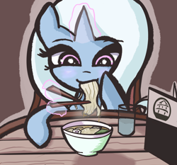 Size: 2240x2086 | Tagged: safe, artist:solid shrimp, trixie, pony, unicorn, g4, chopsticks, eating, eyelashes, female, food, glass, glass of water, glowing, glowing horn, high res, horn, magic, mare, noodles, ramen, ramen face, solo, telekinesis, water