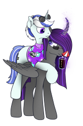 Size: 1415x2160 | Tagged: safe, artist:etheria galaxia, derpibooru exclusive, oc, oc only, oc:etheria galaxia, oc:scratch wub, alicorn, pony, unicorn, 2022 community collab, derpibooru community collaboration, alicorn oc, camera, clothes, cute, drink, drinking, duo, female, glass, glasses, glowing, glowing horn, hawaiian shirt, height difference, horn, long legs, magic, male, mare, ship:scratchtheria, shipping, shirt, simple background, smiling, soda, stallion, straw, summer, sunglasses, tall, telekinesis, transparent background, wings