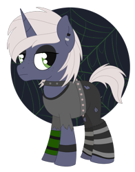 Size: 1219x1557 | Tagged: safe, artist:dyonys, oc, oc only, pony, unicorn, ambiguous gender, belt, choker, clothes, ear piercing, eyeshadow, freckles, goth, makeup, pants, piercing, shirt, simple background, spikes, torn clothes, transparent background