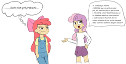 Size: 1600x817 | Tagged: safe, artist:echo-saan, apple bloom, sweetie belle, human, g4, apple bloom's bow, bow, clothes, hair bow, humanized, overalls, red mane, red tail, rich, simple background, skirt, speech bubble, standing, tail