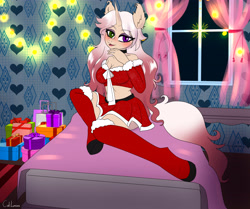 Size: 5090x4258 | Tagged: safe, artist:cali luminos, oc, oc only, oc:return, unicorn, anthro, unguligrade anthro, absurd resolution, anthro oc, bed, bedroom, breasts, christmas, clothes, colored, costume, cute, eyebrows, eyebrows visible through hair, female, flat colors, heterochromia, holiday, horn, indoors, looking at you, midriff, miniskirt, ocbetes, present, santa costume, sexy, sitting, skirt, smiling, smiling at you, solo, string lights, unicorn oc