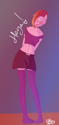 Size: 679x1438 | Tagged: safe, artist:ukedideka, oc, oc only, oc:lumen afterglow, human, arm behind back, belly button, blushing, clothes, collar, ear piercing, eyebrow piercing, eyes closed, female, humanized, leaning, piercing, short shirt, signature, simple background, skirt, smiling, socks, solo, standing, stocking feet, stockings, text, thigh highs, tongue out