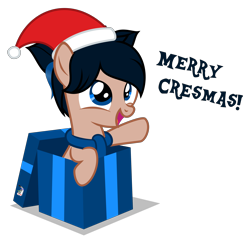 Size: 3680x3480 | Tagged: safe, artist:strategypony, oc, oc only, oc:crescend cinnamon, earth pony, pony, christmas, christmas gift, cute, earth pony oc, female, filly, foal, greeting, hat, high res, holiday, intentional spelling error, merry christmas, ocbetes, present, santa hat, simple background, transparent background, younger