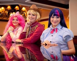 Size: 827x657 | Tagged: safe, artist:maddymoiselle, artist:sarahndipity cosplay, artist:shelbeanie, applejack, pinkie pie, twilight sparkle, human, equestria girls, g4, clothes, cosplay, costume, everfree northwest, everfree northwest 2019, grin, humanized, irl, irl human, photo, smiling