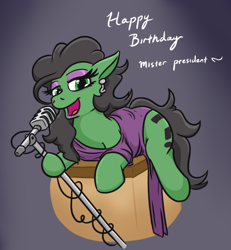 Size: 580x627 | Tagged: safe, artist:jargon scott, oc, oc only, oc:anon-mare, earth pony, pony, clothes, dress, eyeshadow, female, happy birthday, lidded eyes, lipstick, looking at you, makeup, mare, marilyn monroe, microphone, open mouth, open smile, singing, smiling, solo