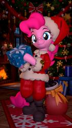 Size: 2160x3840 | Tagged: safe, artist:owlpirate, pinkie pie, earth pony, semi-anthro, g4, 3d, 4k, arm hooves, boots, christmas, christmas tree, clothes, coal, costume, female, fireplace, glasses, hat, high res, holiday, hoof hold, looking at you, mare, present, sack, santa costume, santa hat, shoes, smiling, smiling at you, solo, source filmmaker, tinsel, tree