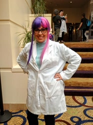 Size: 1024x1366 | Tagged: safe, artist:cinemabrony, sci-twi, twilight sparkle, human, equestria girls, g4, my little pony equestria girls: rainbow rocks, babscon, babscon 2015, clothes, cosplay, costume, hand on hip, irl, irl human, lab coat, pencil, photo