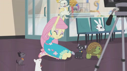 Size: 3410x1920 | Tagged: safe, screencap, angel bunny, fluttershy, cat, dog, mouse, rabbit, turtle, equestria girls, g4, my little pony equestria girls: better together, outtakes (episode), animal, clothes, cutie mark on clothes, eyes closed, female, geode of fauna, high res, jewelry, magical geodes, male, necklace, sandals, video camera