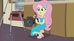 Size: 3410x1920 | Tagged: safe, screencap, fluttershy, equestria girls, g4, my little pony equestria girls: better together, outtakes (episode), clothes, cutie mark on clothes, female, geode of fauna, hairpin, high res, jewelry, magical geodes, necklace, open mouth, sandals, solo, video camera