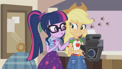 Size: 3410x1920 | Tagged: safe, screencap, applejack, sci-twi, twilight sparkle, equestria girls, equestria girls series, g4, outtakes (episode), :o, applejack's hat, belt, bowtie, clothes, cowboy hat, cutie mark on clothes, denim skirt, duo, duo female, female, geode of super strength, geode of telekinesis, glasses, hat, high res, jewelry, magical geodes, necklace, open mouth, ponytail, skirt, smiling, video camera