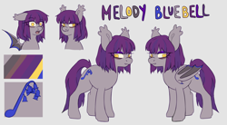 Size: 3000x1650 | Tagged: safe, artist:cheekipone, oc, oc only, oc:melody bluebell, bat pony, pony, fanfic:books bats and bad mojo, bags under eyes, bat wings, color palette, commission, cutie mark, ear tufts, eighth note, exhausted, eye clipping through hair, eyeshadow, fanfic art, fangs, female, long tail, makeup, mare, purple mane, ref, reference sheet, short mane, sleepy, smiling, snaggle tooth, solo, straight mane, surprised, tail, tired, wings, yellow eyes