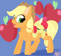 Size: 2598x2362 | Tagged: safe, artist:jubyskylines, apple bloom, applejack, earth pony, pony, g4, adorabloom, apple, apple background, apple bloom riding applejack, apple sisters, cute, duo, duo female, eye clipping through hair, eyes closed, female, filly, food, high res, jackabetes, looking at you, mare, open mouth, open smile, ponies riding ponies, riding, siblings, sisters, sleeping, smiling, smiling at you, sweet dreams fuel, tongue out, wholesome