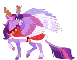 Size: 2300x1800 | Tagged: safe, artist:uunicornicc, twilight sparkle, alicorn, pony, g4, antlers, bell, bell collar, bridle, cape, clothes, cloven hooves, collar, harness, heart eyes, jingle bells, leonine tail, raised hoof, reindeer antlers, reins, simple background, smiling, solo, tack, tail, transparent background, twilight sparkle (alicorn), wingding eyes