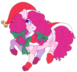 Size: 1600x1500 | Tagged: safe, artist:uunicornicc, pinkie pie, earth pony, pony, g4, bow, cape, christmas, clothes, grin, hair bow, hat, heart eyes, holiday, looking at you, santa hat, simple background, smiling, socks, solo, transparent background, wingding eyes